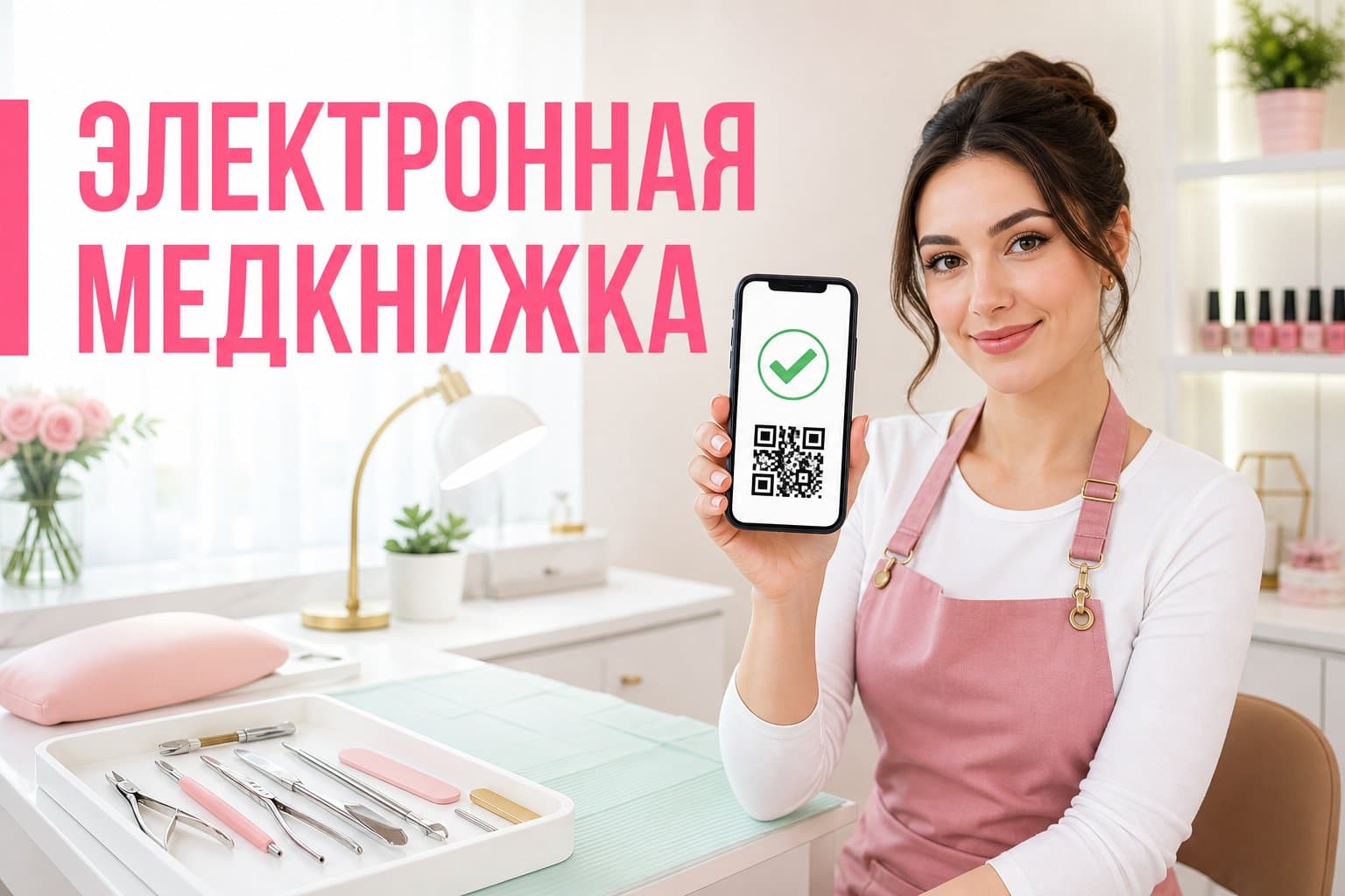 Мастер маникюра показывает электронную медицинскую книжку на экране смартфона рядом с рабочим местом