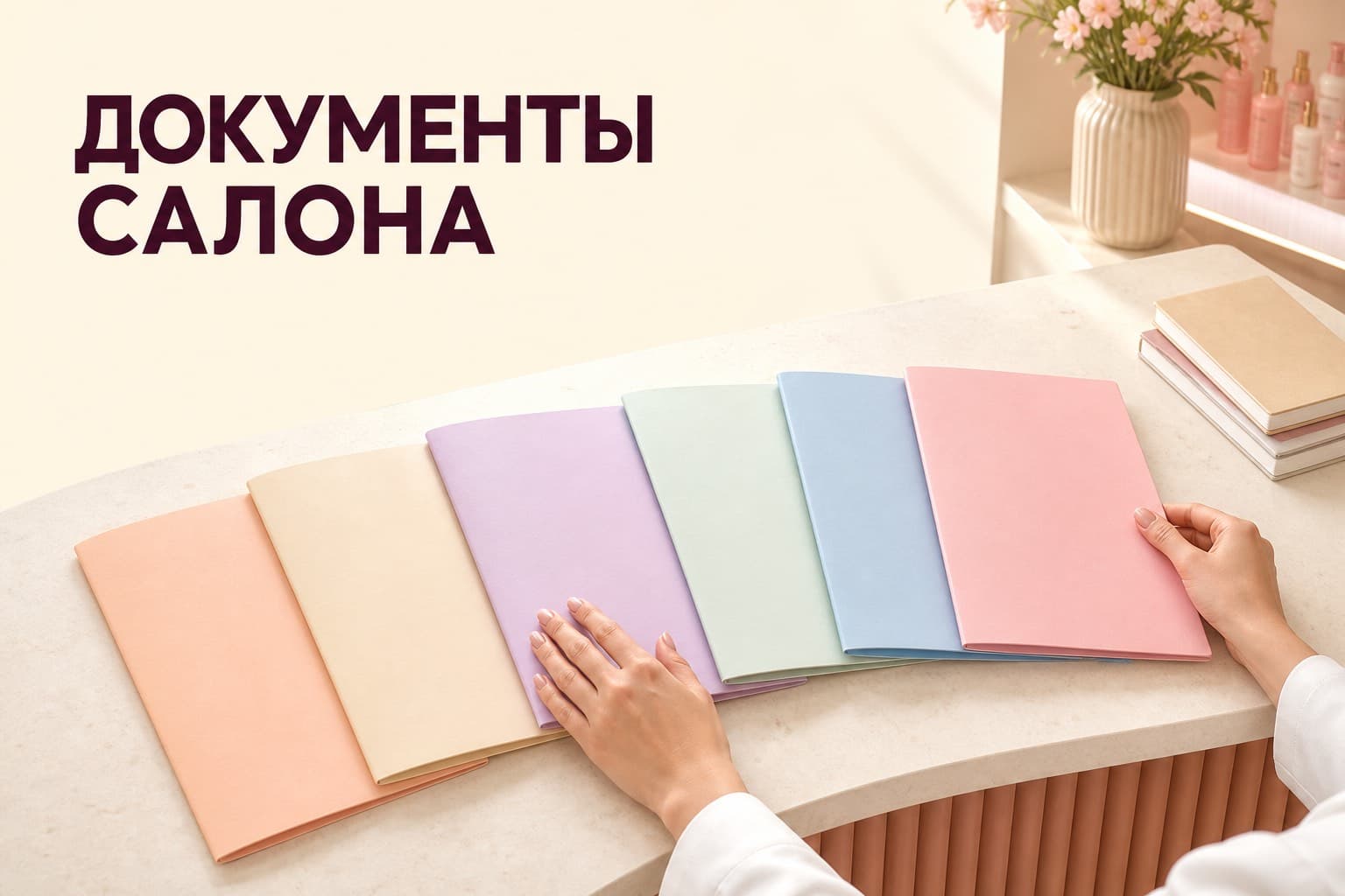 Руки мастера раскладывают на стойке салона шесть цветных папок с документами, рядом отложены обычные тетради