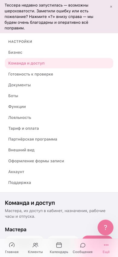 Раздел «Команда и доступ» на телефоне