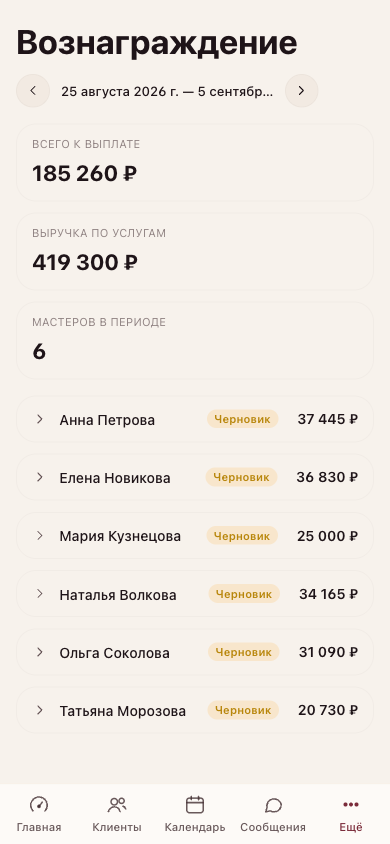 Ведомость за период: всего к выплате, выручка по услугам и список мастеров с суммами