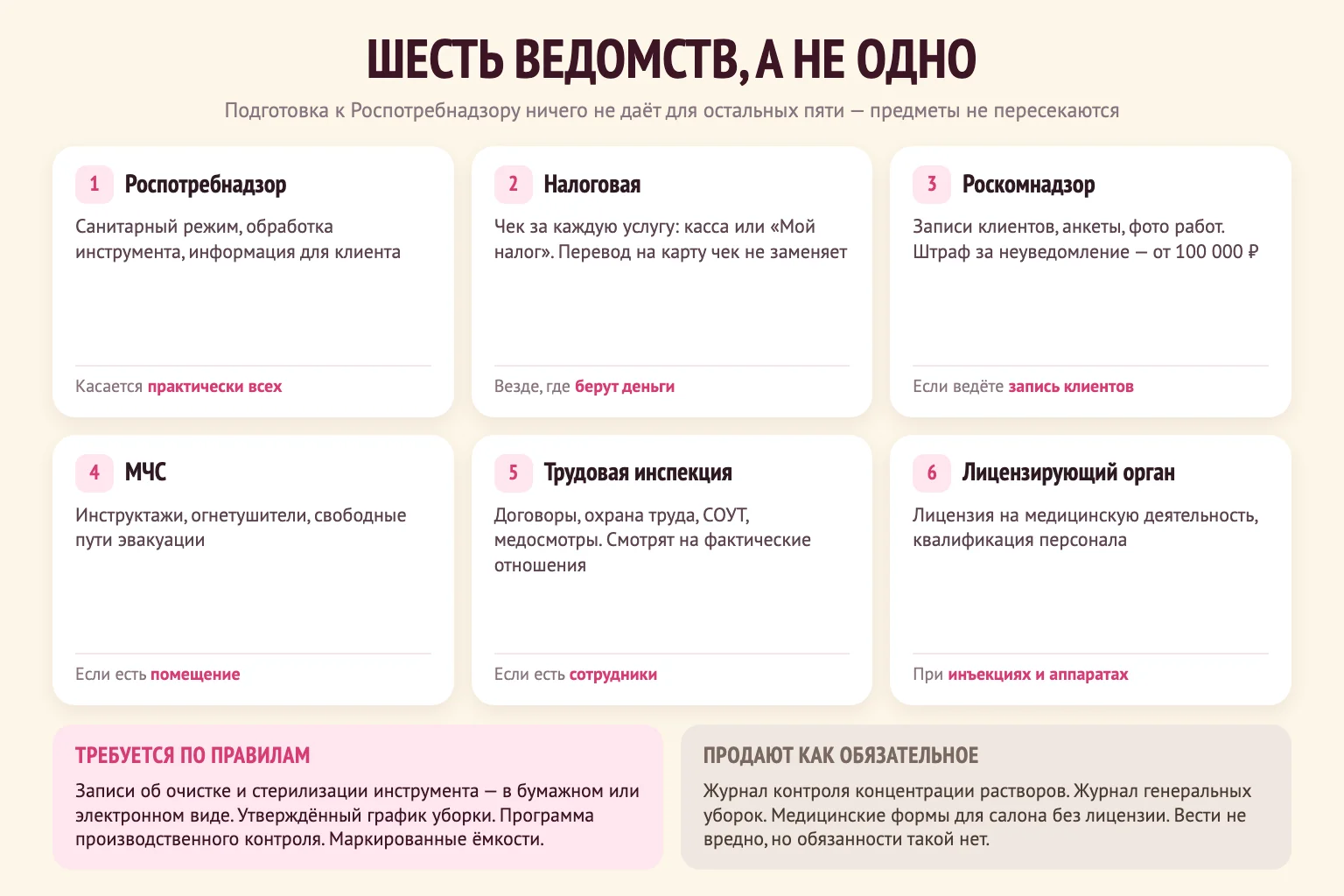 Инфографика: шесть ведомств, которые проверяют салон красоты — Роспотребнадзор, налоговая, Роскомнадзор, МЧС, трудовая инспекция и лицензирующий орган, с указанием, что каждое смотрит и когда включается