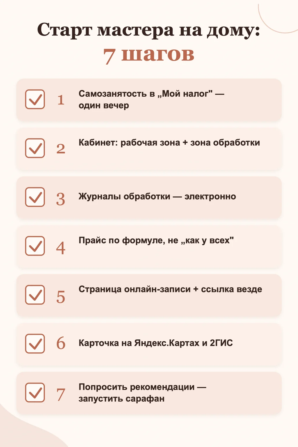 Чек-лист старта мастера на дому: 7 шагов от самозанятости до первых рекомендаций