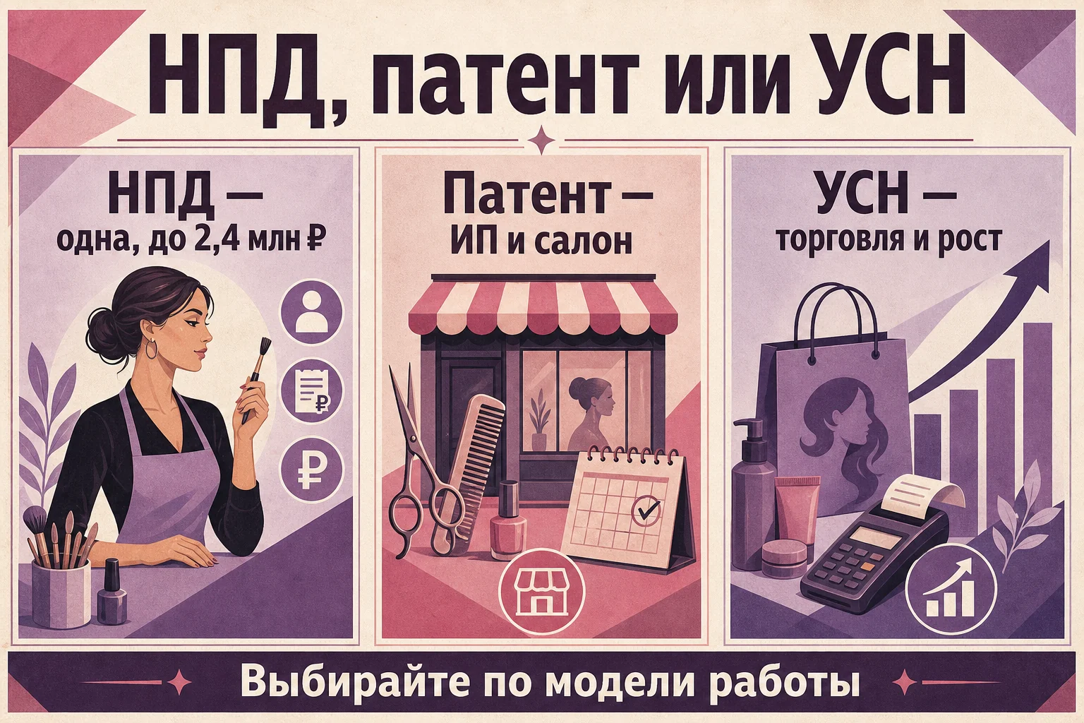 Сравнение налоговых режимов для бьюти-мастера: НПД, патент и УСН