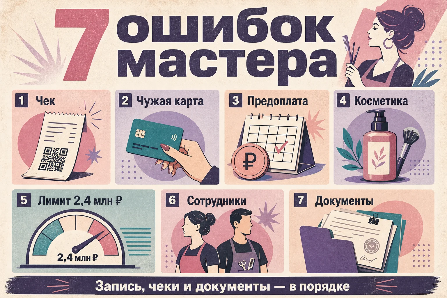 Семь налоговых ошибок бьюти-мастера: чеки, карты, предоплата, косметика, лимит, сотрудники и документы