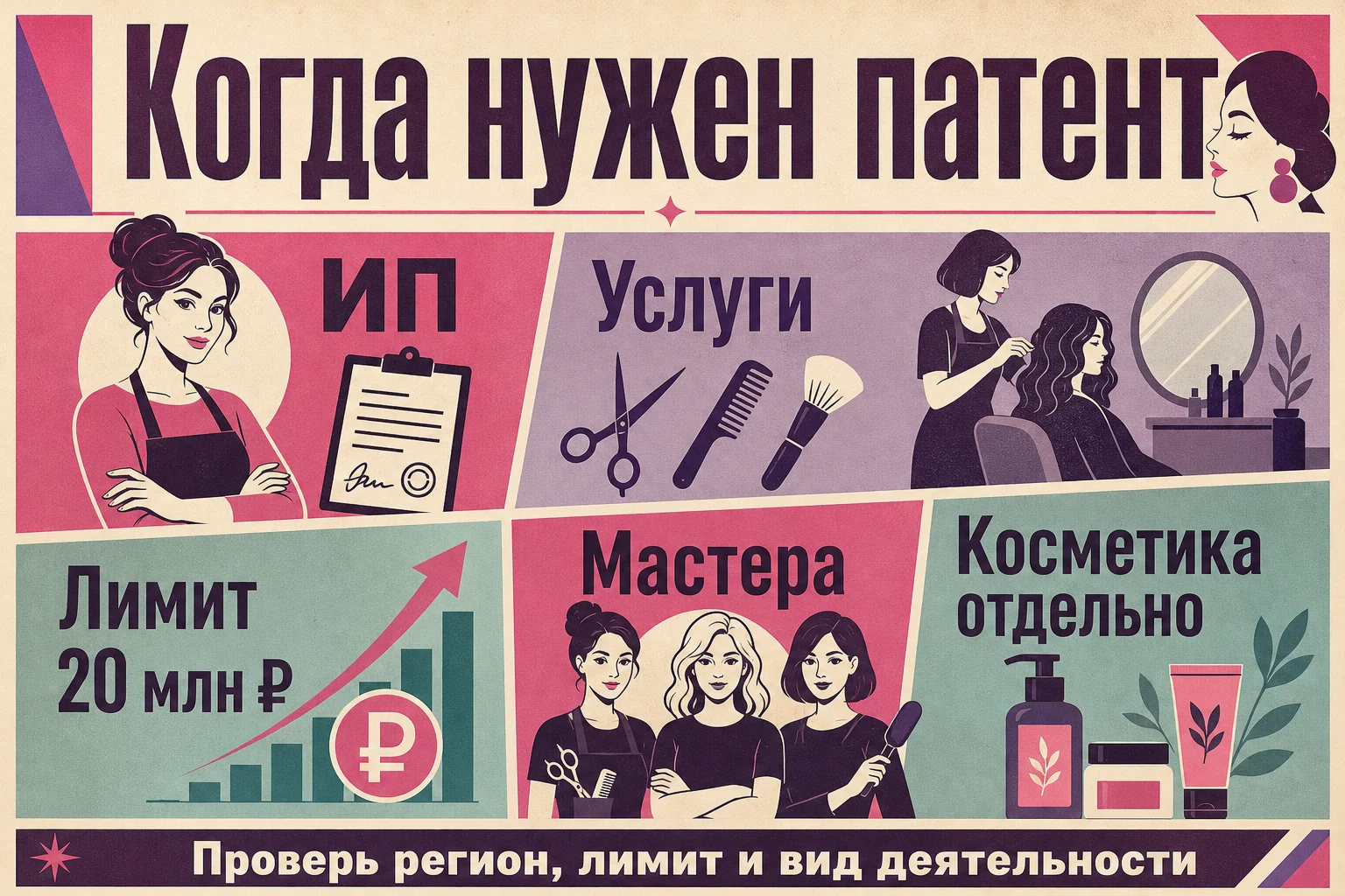 Инфографика: когда бьюти-мастеру нужен патент, а когда НПД или УСН
