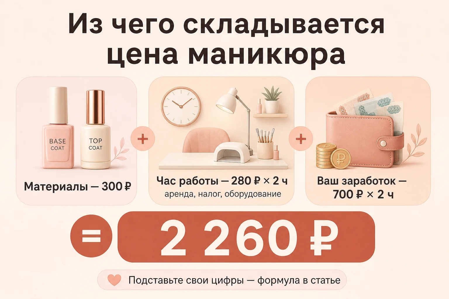 Из чего складывается цена маникюра: материалы 300 ₽ + час работы 280 ₽ × 2 ч + заработок мастера 700 ₽ × 2 ч = 2 260 ₽