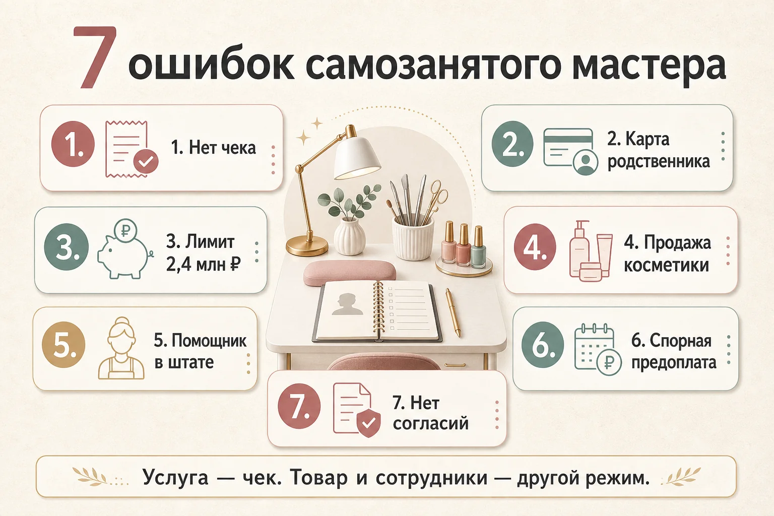 Инфографика: семь ошибок самозанятого бьюти-мастера на НПД